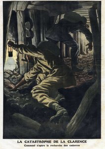 Katastrof i Clarence-gruvan (Nord pas de calais): räddningsinsatser försöker återställa kropparna av offren för brandgasexplosionen. Illustration hämtad från "" Le Petite Journal"" 1912-09-22 Privat samling. av Anonymous Anonymous