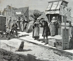 Hundtrimmare på bron nio i Paris omkring 1796, Gravyr, Privat samling av Anonymous Anonymous