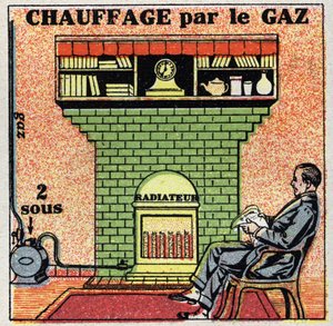 Hushållsuppvärmning: gasuppvärmning. Anonym illustration från 1925. Privat samling. av Anonymous Anonymous