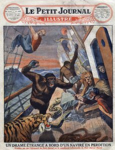 Drama om det franska linjefartyget "" Saint Etienne"": gorillor, tiger, lejon och orm avsedda för engelska zoologiska trädgårdar flydde från sin bur och attackerade besättningsmedlemmarna. "" Gravyr. En av "The Little Journal Illustrates" av Anonymous Anonymous