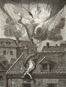 Dramatisk död av Madame Sophie Blanchard (1778-1819), flygplan den 6 juli 1819 ovanför Tivolis trädgårdar i Paris, gravyr, privat samling av Anonymous Anonymous