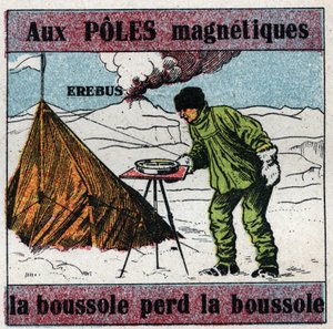 Jordmagnetism: vid magnetiska poler tappar kompassen kompassen. Vetenskapsmannen James Clark Ross (1800-1862) använder en kompass under sin vetenskapliga expedition till Antarktis. Bakom honom finns vulkanen Erebus som han upptäckte 1841. Anonym illustrati av Anonymous Anonymous