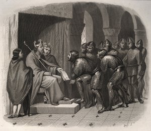 Edward the Confessor (en av de sista anglosaxiska kungarna i England) - St. Edward the Confessor (1004-1066) ger nya lagar till sitt folk. Gravyr från 1846 i "" Lives of the saints"". Privat samling. av Anonymous Anonymous