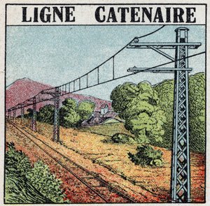 Elektriska järnvägar: Catennial linje. Anonym illustration av 1925. Privat samling. av Anonymous Anonymous