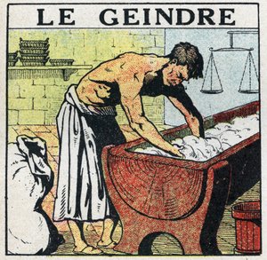 Elektriska verktyg: gnället eller assistenten till bagaren vars metier var att skala fruktköttet före uppfinningen av elektriska petriner. Anonym illustration från 1925. Privat samling. av Anonymous Anonymous