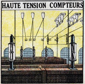 Elektriska ledningar: högspänningsmätare. Anonym illustration från 1925. Privat samling. av Anonymous Anonymous
