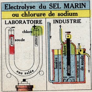 Elektrokemi: elektrolys av havssalt eller natriumklorid. Anonym illustration från 1925. Privat samling. av Anonymous Anonymous