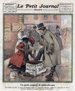 Eleganta unga flickor, deras ansikte gömmer sig bakom en mask, vaxar förbipasserande Londons skor för att samla in pengar till engelska sjukhus. Illustration hämtad från "" Le petit journal illustrious""" av 1921-11-06. Privat samling av Anonymous Anonymous