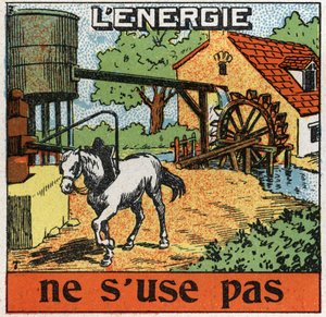 Energin slits inte: hästen fäster sig i en manege och hör vatten i en reservoar. Anonym illustration från 1925. Privat samling. av Anonymous Anonymous