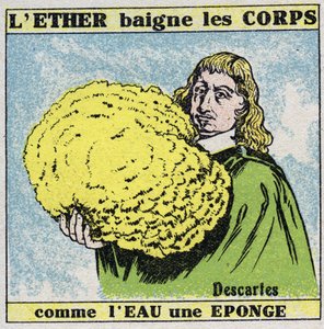 Eter (material): Rene Descartes (1596-1650) finner att etern badar kropparna som vatten en svamp. Anonym illustration från 1925. Privat samling. av Anonymous Anonymous