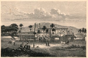 Exteriör vy av katedralen i Port of Spain i Trinidad och Tobago, Trinidad och Tobago. Gravyr i "De katolska beskickningarna under det nittonde århundradet"" av Louis-Eugene (Louis Eugene) Louvet. privat samling. av Anonymous Anonymous
