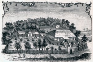 Exteriör vy av prästgården och skolan i Hell Ville (Hell-Ville) (Andoany), huvudstad på ön Nosy Be på Madagaskar. Gravyr i "Les Missions Catholiques au XIXeme Siecle"" av Louis-Eugene (Louis Eugene) Louvet. privat samling. av Anonymous Anonymous