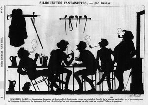 Fantastiska silhuetter av Bernay. Tecknad film om parisiska intellektuella: "" Quartier Latin. Bra diskussion där det pratas om sakers ursprung i allmänhet och öls i synnerhet...” Gravyr i “” Petity Journal pour Rire”” av Anonymous Anonymous