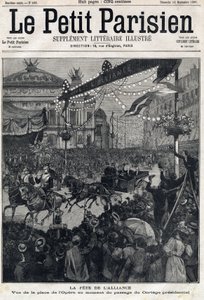 Den fransk-ryska alliansens högtid (fransk-ryska): utsikt över Operatorget under passagen av Felix Faures presidentkortege (1841-1899). I "" Le Petit Parisien"" den 12/09/1897. Privat samling av Anonymous Anonymous