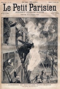 Brandman i Paris: räddningsplats under branden på Boulevard Saint-Martin. Gravyr i "" Le petit Parisien"" från 1891. Privat samling. av Anonymous Anonymous