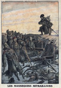 Första världskriget 1914-1918 (kriget 14-18). Tyska soldater använder skyltdockor som de har i skyttegravar med maskingevär för att lura den ryska fienden så fälla. I "" Le Petite Journal"", den 06/02/1916. Privat samling av Anonymous Anonymous