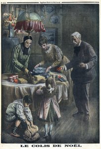 Första världskriget 1914-1918 (kriget 14-18). Julklapp: Barn tar emot och packar upp paket de fått av sin pappa på slagfältet på julafton. I "" Le Petite Journal"", den 24/12/1916. Privat samling av Anonymous Anonymous