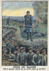 Första världskriget 1914-1918 (kriget 14-18). "" Headheads"": smutsar tyska fångar i en skyttegrav som erövrats av den franska arméns trupper. I "" Le Petité Journal"", den 5/03/1916. Privat samling av Anonymous Anonymous