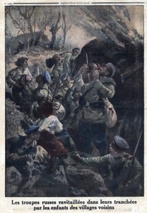 Första världskriget 1914-1918 (kriget 14-18). Ryska militära trupper tankade i sina skyttegravar av barn från närliggande byar. I "" Le Petite Journal"", den 02/04/1916. Privat samling av Anonymous Anonymous