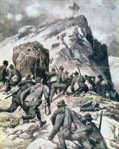 Första världskriget: "" Italienska alpina jägare (alpino eller alpini) klättrar till toppen av Cauriol, italienska alperna"" 1916 Illustration från "La domenica del corriere"" av Anonymous Anonymous