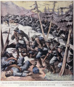 Första världskriget: "" Italienska alpina jägare (alpino eller alpini) tar tillbaka från fiender Pal Piccolo, italienska alperna"" 1916 Illustration från "La domenica del corriere"" av Anonymous Anonymous