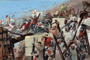 Första korståget (1096-1099): intagandet av Jerusalem av kryssen ledda av Godefroy (Godefroi) av Bouillon (1061-1100) den 15 juli 1099. Reklamkromolitografi av Antoine-choklad i Bryssel, början av 1900-talet. Privat samling av Anonymous Anonymous