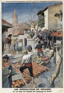 Översvämningar i Spanien: Kung Alfonso XIII (1886-1941) besöker Sevillas olycksbådande förorter. Gravyr i "" Le Petite Journal"", den 25/02/1912. Privat samling. av Anonymous Anonymous