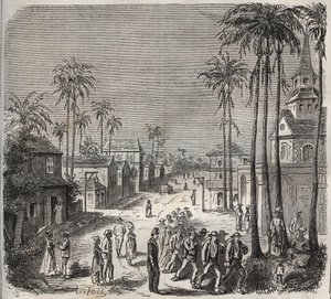 Forcats kommer att arbeta på fängelset Saint-Laurent (Saint-Laurent) i Cayenne (Franska Guyana) på 1800-talet. Gravyr i "Historia om fängelserna från deras tillkomst till våra dagar" (1877) av Pierre Zaccone (1817-1895) (Colonia Penale - Straffkoloni) av Anonymous Anonymous