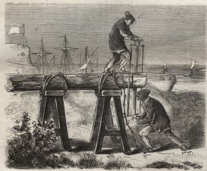 Forcats saweurs av fängelset Saint-Laurent (Saint-Laurent) i Cayenne (Franska Guyana) på 1800-talet. Gravyr i "Fångarnas historia från deras skapelse till idag" (1877) av Pierre Zaccone (1817-1895) (Colonia Penale - Straffkoloni). Privat c av Anonymous Anonymous