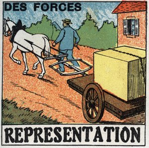 Krafter: en häst som drar en bil. Anonym illustration från 1925. Privat samling. av Anonymous Anonymous