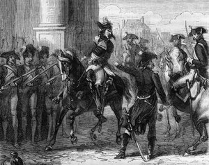 Francois Hanriot (1761-1794), fransk revolutionär vid dörren till konventet (9 thermidor 1794) - Gravyr i "Histoire des Girondins" av Alphonse de Lamartine (1790-1869) 1865-1866 - Privat samling av Anonymous Anonymous