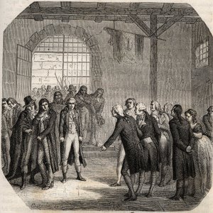 Franska revolutionen - Hebertisterna - Les Hebertistes à la Concierge i Paris den 23 mars 1794 - - Gravyr i "Histoire des Girondins" av Alphonse de Lamartine (1790-1869) 1865-1866 - Privat samling av Anonymous Anonymous