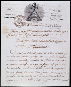Franska revolutionen: första sidan och rubriken på ett militärt administrativt brev 4 dimma år III (1794-10-25) daterat 18 Frimaire år III (1794-12-08) med den republikanska inskriptionen "Liberte Egalite, Fraternite ou la Mort" och symboler av Franco-Maco av Anonymous Anonymous