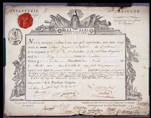 Franska revolutionen: officiellt dokument av militär conge daterat 5 Prairial år IV (24/05/1796) av en löjtnant från brigaden i distriktet Cambrai. Institutionsarkivet för Nord Lille av Anonymous Anonymous