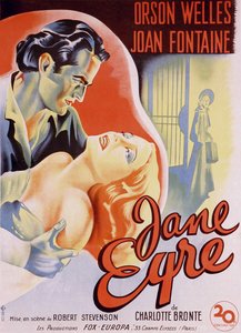 Fransk filmaffisch för filmen "" Jane Eyre" skriven av Charlotte Bronte och regisserad av Robert Stevenson 1944 med skådespelarna Orson Welles som Edward Rochester och Joan Fontaine som Jane. Privat samling. av Anonymous Anonymous
