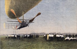 Från Compiegne till London med luftskepp: landningen av Bayard-Clement (Bayard Clement) till Wormwood Scrubbs. Gravyr. En av tidningen "" Le petit parisien"" den 30/10/1910. Privat samling. av Anonymous Anonymous