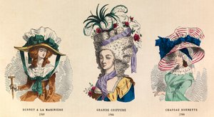 Mai le agavale i le matuu: Hat a la mariniere i le 1787; Grande Hairstyle i le 1785 ma le Hat Bonnette i le 1786 - fa