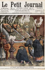 Kinesiska härskares begravning: kropparna av Imperator of China Yehenara, kejsarinnan Xiao Ding Jing (1868 - 1913) och kejsar Guangxu eller Kuang-Siu (Kouang Siu), Kinas kejsare under Qingdynastin (1872-1908) utställda i paviljongen av imperiale longevite. av Anonymous Anonymous