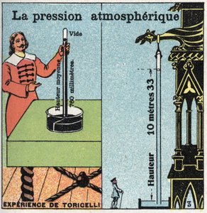 Gastryck: atmosfärstryck. Till vänster, experimentet av Evangelista Torricelli (eller Toricelli) på atmosfärstrycket uppmätt med hans Barometer (kvicksilverrör) 1643. Till höger, erfarenheten av Blaise Pascal (1623-1662) vid av Anonymous Anonymous
