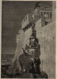 Galler försöker ta Capitolium (390 f.Kr.) - Gäss räddar Romerska Capitolium från galliska inkräktare - - gravyr 1890 av Anonymous Anonymous
