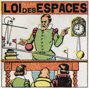 Kornighet: rymdens lag. Galilee (eller Galileo Galilei (1564-1642) observerar rörelsen av en boll på ett lutande plan för att studera kropparnas fall. Anonym illustration från 1925. Privat samling. av Anonymous Anonymous