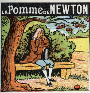 Gravitation: Newtons äpple. Isaac Newton (1642-1727) observerar ett äpple falla från ett äppelträd och upptäcker lagarna för jordens gravitation (gravit). Anonym illustration från 1925. Privat samling. av Anonymous Anonymous