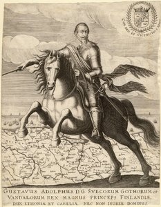 Gustave II Adolphe, dit le Grand ou le lion du Nord (1594-1632), roi de Suede, chevauchant la carte de Pomeranie - Gustavus Adolphus före kartan över Pommern i bakgrunden - Anonym - 1630 - Kopparstick - 30,4x23, 9 - Privat samling av Anonymous Anonymous