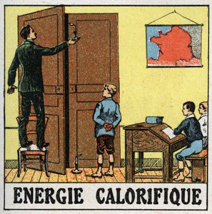 Värmeenergi: en lärare i ett klassrum håller ett ljus nära en öppen dörr. Anonym illustration från 1925. Privat samling. av Anonymous Anonymous