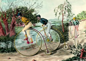 Cykelns historia: race of grand bi (grand bi). Gravyr av 1900-talet. Privat samling av Anonymous Anonymous