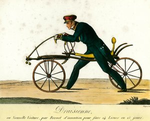 Cykelns historia: draisienne, en mycket populär ny bil runt 1818. Gravyr från 1818. Privat samling av Anonymous Anonymous