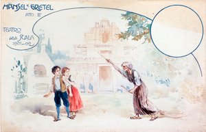 Illustration av Hansel und Gretel-operan av Humperdinck, under föreställningen på teatro alla Scala av Anonymous Anonymous