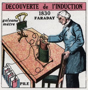 Induktion: upptäckt induktion av Michael Faraday (1791-1867) 1830-1831 med hjälp av ett batteri och en galvanometer. Anonym illustration från 1925. Privat samling. av Anonymous Anonymous