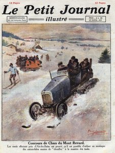 Innovation på bilar i bergen, spår placeras på hjulen för att undvika skador. Illustration hämtad från "" Le petit journal"" av 1921-02-27. Privat samling av Anonymous Anonymous