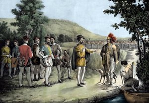 Jacques Cartier, hans första intervju med indianerna i Hochelaga nu Montreal 1535 (litho av Anonymous Anonymous